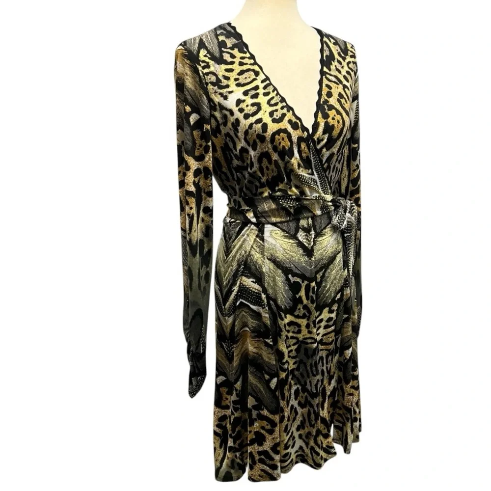Hale Bob Animal Print Long Sleeve Faux Wrap Dress Women’s Medium - Picture 9 of 12